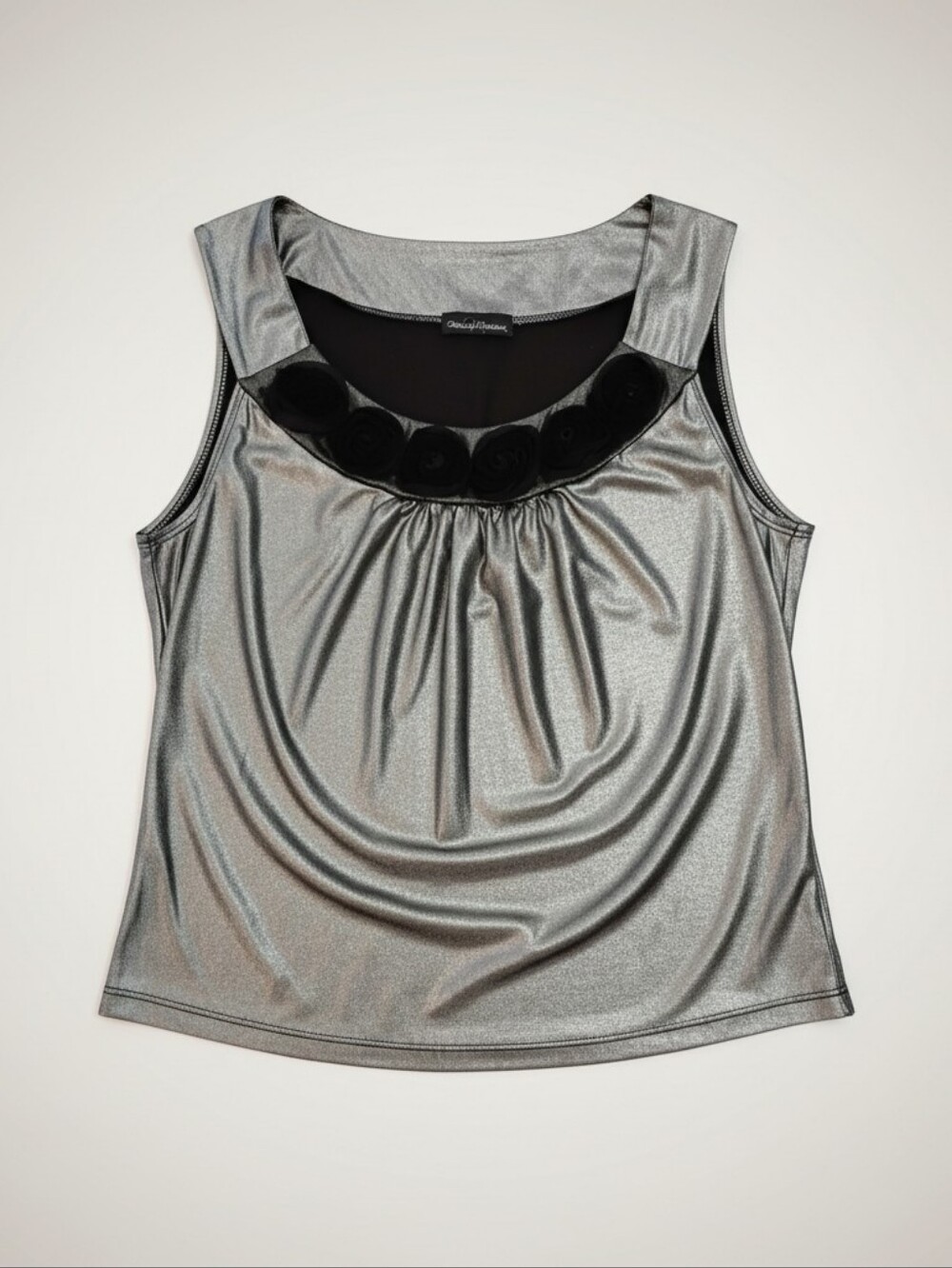 Meredith Matthews Silver Bloom Black Mesh Blooming Rosettes Top — Size LP